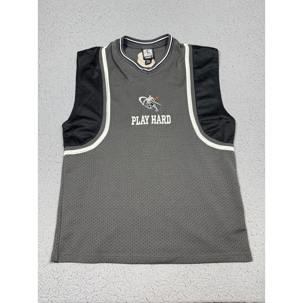 VTG AND1 Tank Top Mens Large Gray Sleeveless Play Hard 15 Basketball Jersey